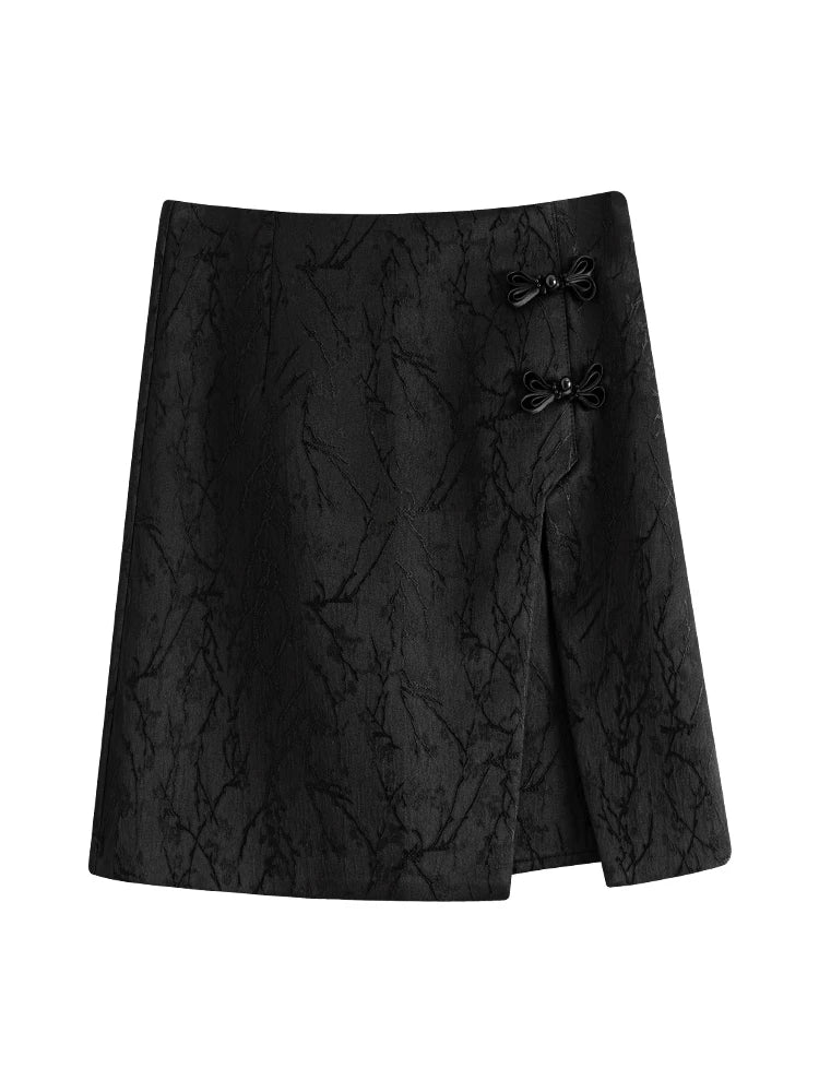 FSLE Beige Mini Skirts New Chinese Style Asymmetric Jacquard Short Skirt Summer Women Black A-LINE Skirts 24FS12897