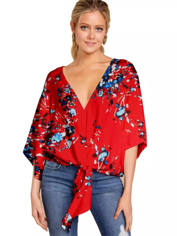 Spring Summer 2024 New Women's Shirt Sexy V-neck Short Sleeved Fashionable Printed Knot Printed  Sleeve Top