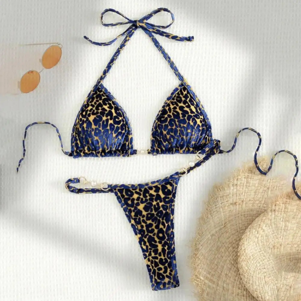 2Pcs/Set Women Bikini Set Leopard Print Halter Bra Faux Pearls Briefs Set Quick Drying Two-piece Lady Swimsuit Beachwear