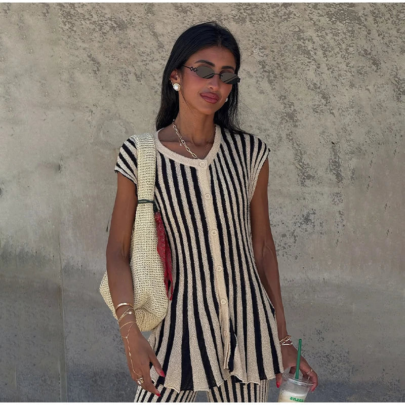 Chic Striped Knitted Button Set Women Elegant Round Neck Short Sleeved Slim Fit Two-piece Suit 2025 New Summer Holiday Outfits