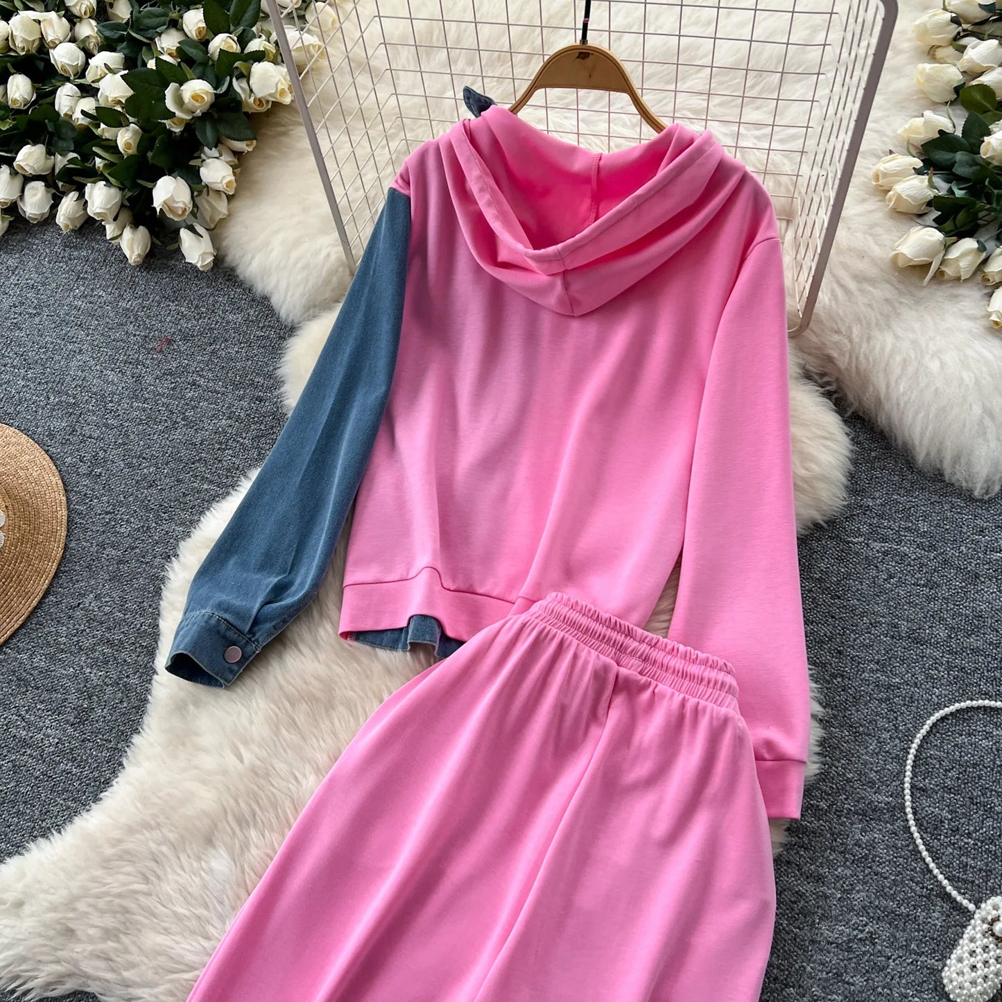 Pant Set Women Two Piece Sets Hooded Matching Sets Casual Loose Tops Wide Leg Long Pants Elastic Waist Lace Up Splice Denim 2025