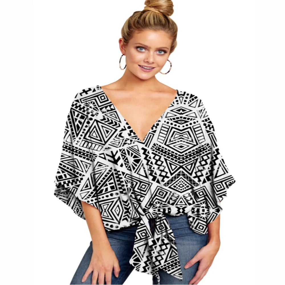 Spring Summer 2024 New Women's Shirt Sexy V-neck Short Sleeved Fashionable Printed Knot Printed  Sleeve Top