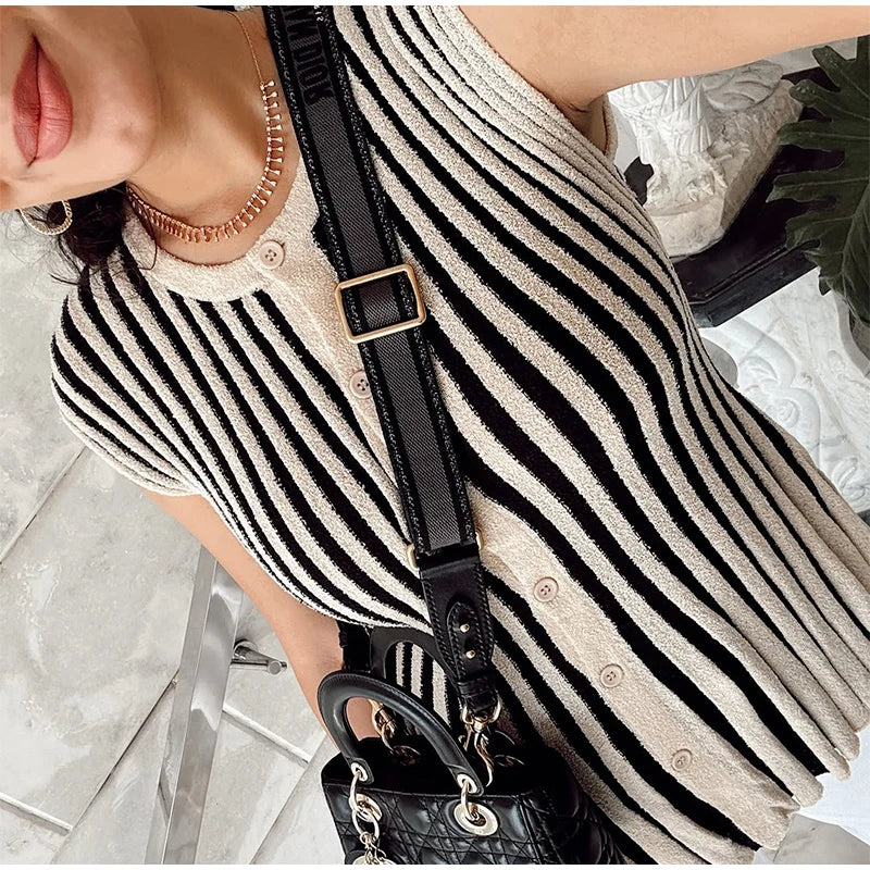 Chic Striped Knitted Button Set Women Elegant Round Neck Short Sleeved Slim Fit Two-piece Suit 2025 New Summer Holiday Outfits