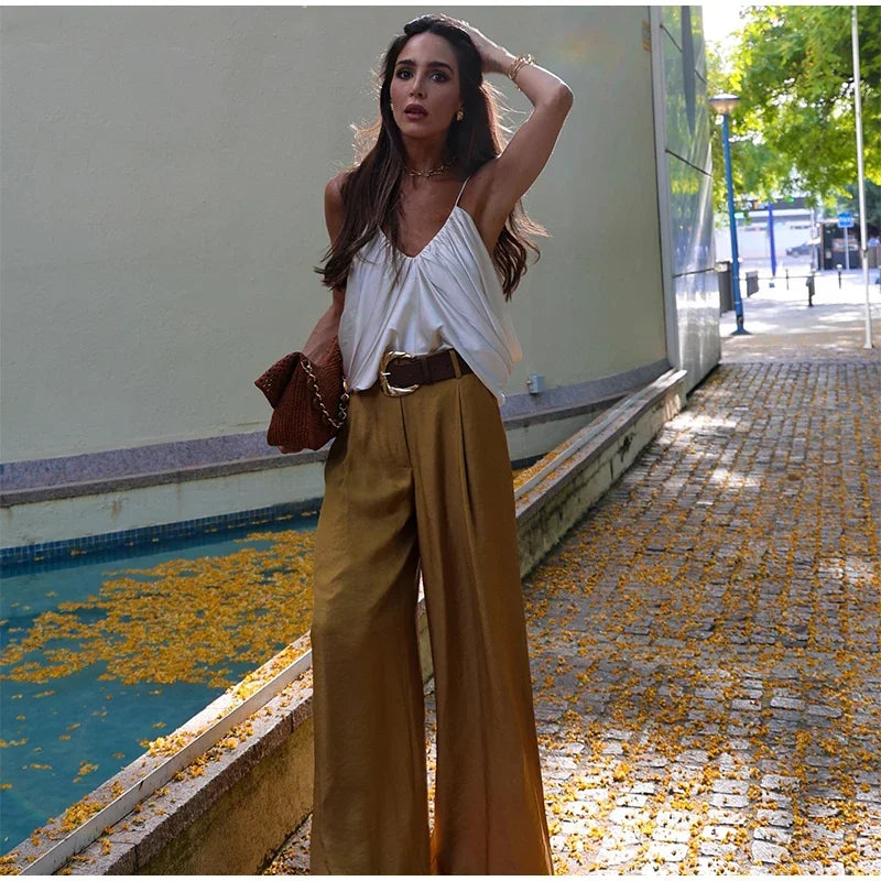 Elegant Satin Sling Top Pants Set Women V-neck Single Breasted Waistcoat Wide Leg Trousers 2025 Summer Lady Street 3 Piece Suits