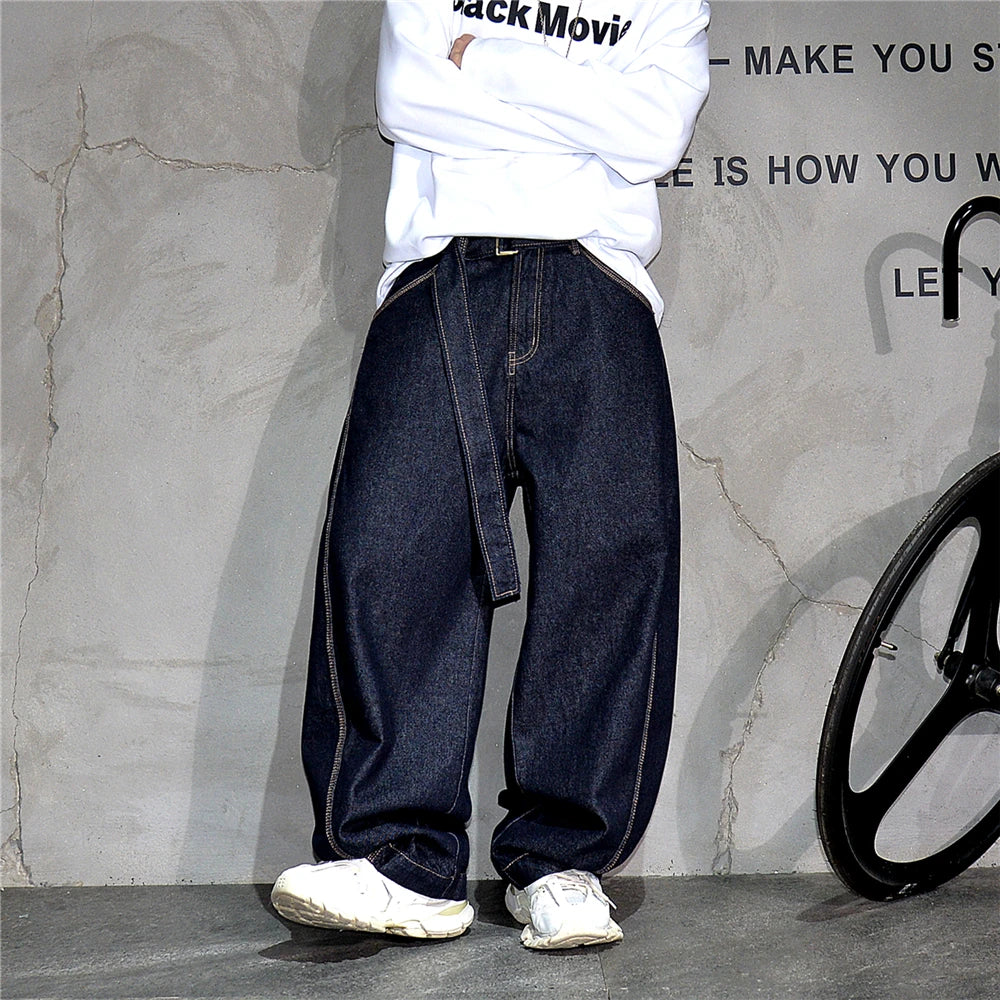 Mens American High Street Baggy Jeans Navy Blue Premium Denim Wide Leg Straight Loose Fit Korean Streetwear Trendy Pants Male
