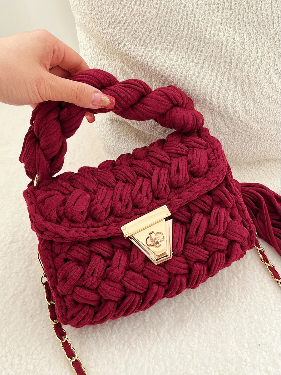 New Handmade Woven Women's Crossbody Bags Thread Hook Knitted Shoulder Bag Colorful Strip Chains Bags for Women Small Purses