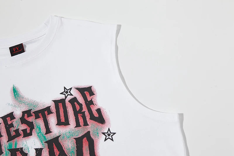 2025 Summer Hip Hop Tank Top Man Washed Streetwear Tees Y2k Sleeveless T Shirt Round Neck Cotton Baggy Vests Tops Distressed