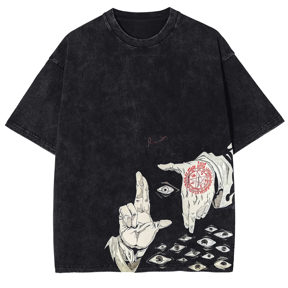 Anime Hellsing Alucard Graphic T Shirt Men Vintage Washed Manga T-shirts Short Sleeve Street Harajuku Casual Cotton Male Tops