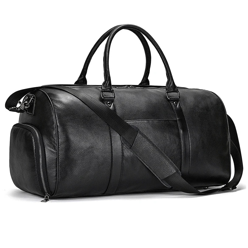 Sac de voyage en cuir véritable de grande capacité pour hommes et femmes, en cuir de vache noir souple, polochon de voyage décontracté, grand sac à bandoulière pour week-end