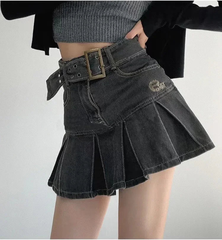High Waist Denim Mini Skirt for Women Summer American Style Retro Pleated A- Line Short Skirt Trendy Cotton Denim Skirts