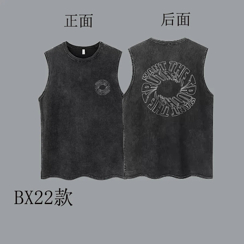 100% Cotton Hiphop Washed and Old Sleeveless T-shirt Men's Trendy Hip-hop Outer Wear Loose Sports Vest