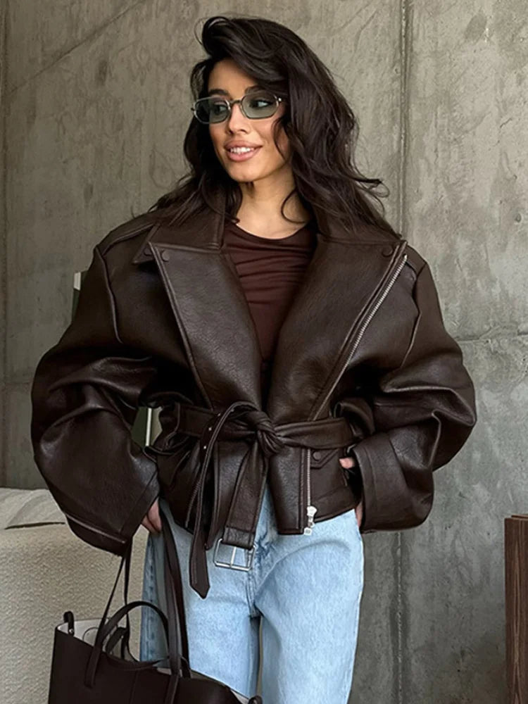 PU Leather Jacket For Women Zipper Turn-down Collar Loose Fashion Coat Luxury Brown 2025 Spring Street Motorcycle Overcoat Top