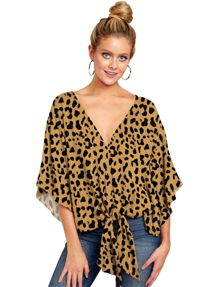 Spring Summer 2024 New Women's Shirt Sexy V-neck Short Sleeved Fashionable Printed Knot Printed  Sleeve Top