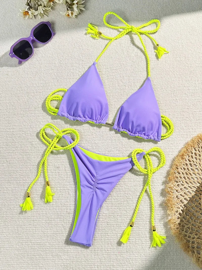 Women Bikini Rope Triangle Swimsuit Multicolor Sexy Low Waisted Bikini Set Swimsuit Swimwear Women BeachwearBrazilian biquini
