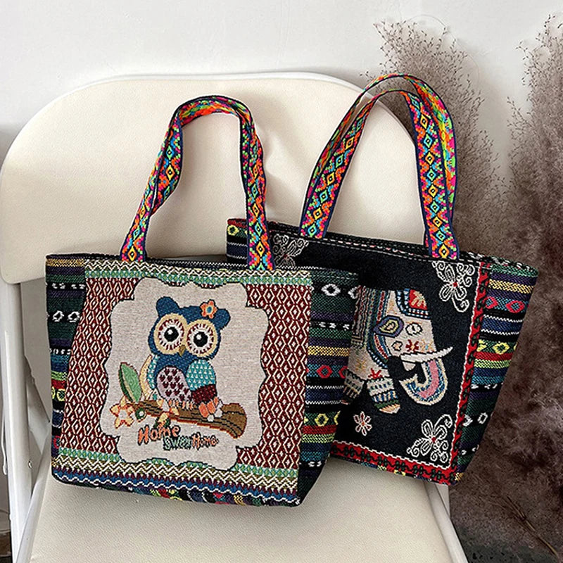 Animal Ethnic Style Handbag Trendy Elephant Embroidery Handbag Owl Canvas Women Shoulder Bags Women Tote Bag