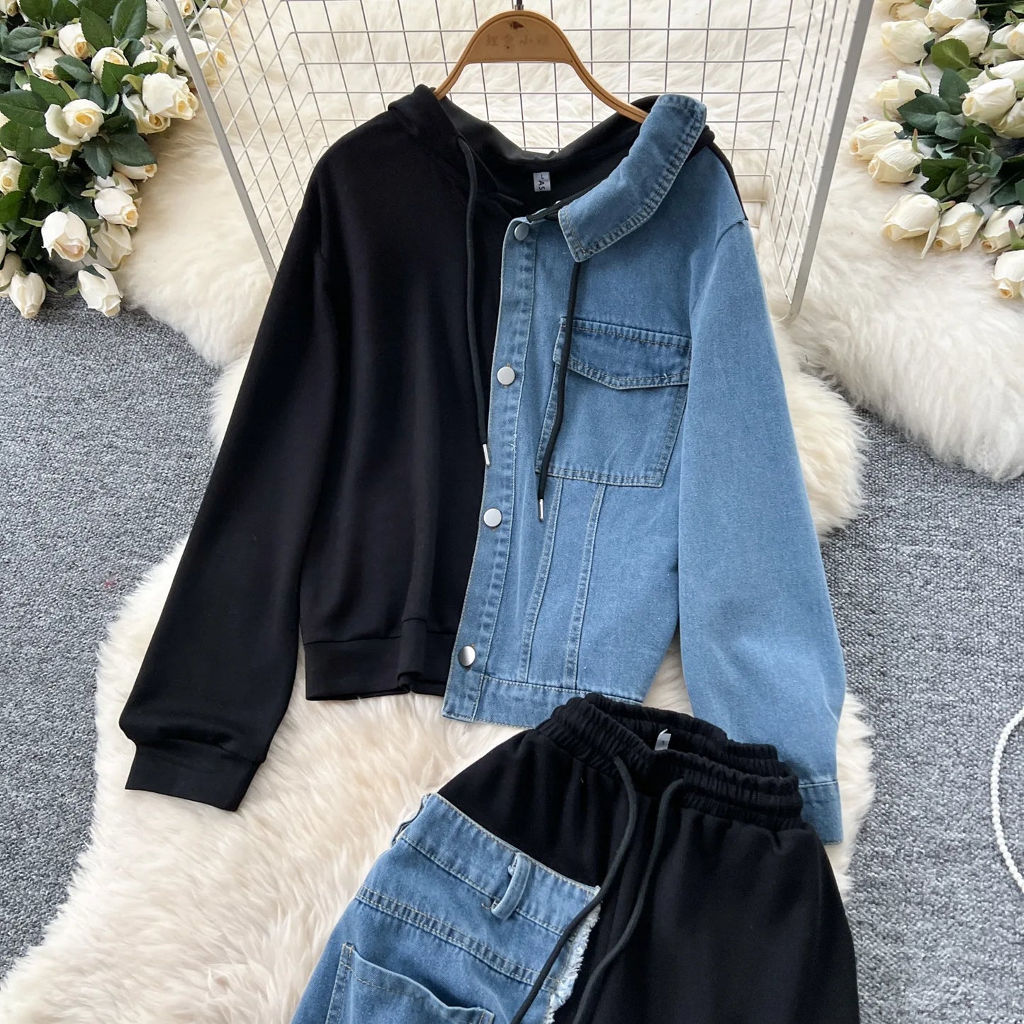Pant Set Women Two Piece Sets Hooded Matching Sets Casual Loose Tops Wide Leg Long Pants Elastic Waist Lace Up Splice Denim 2025