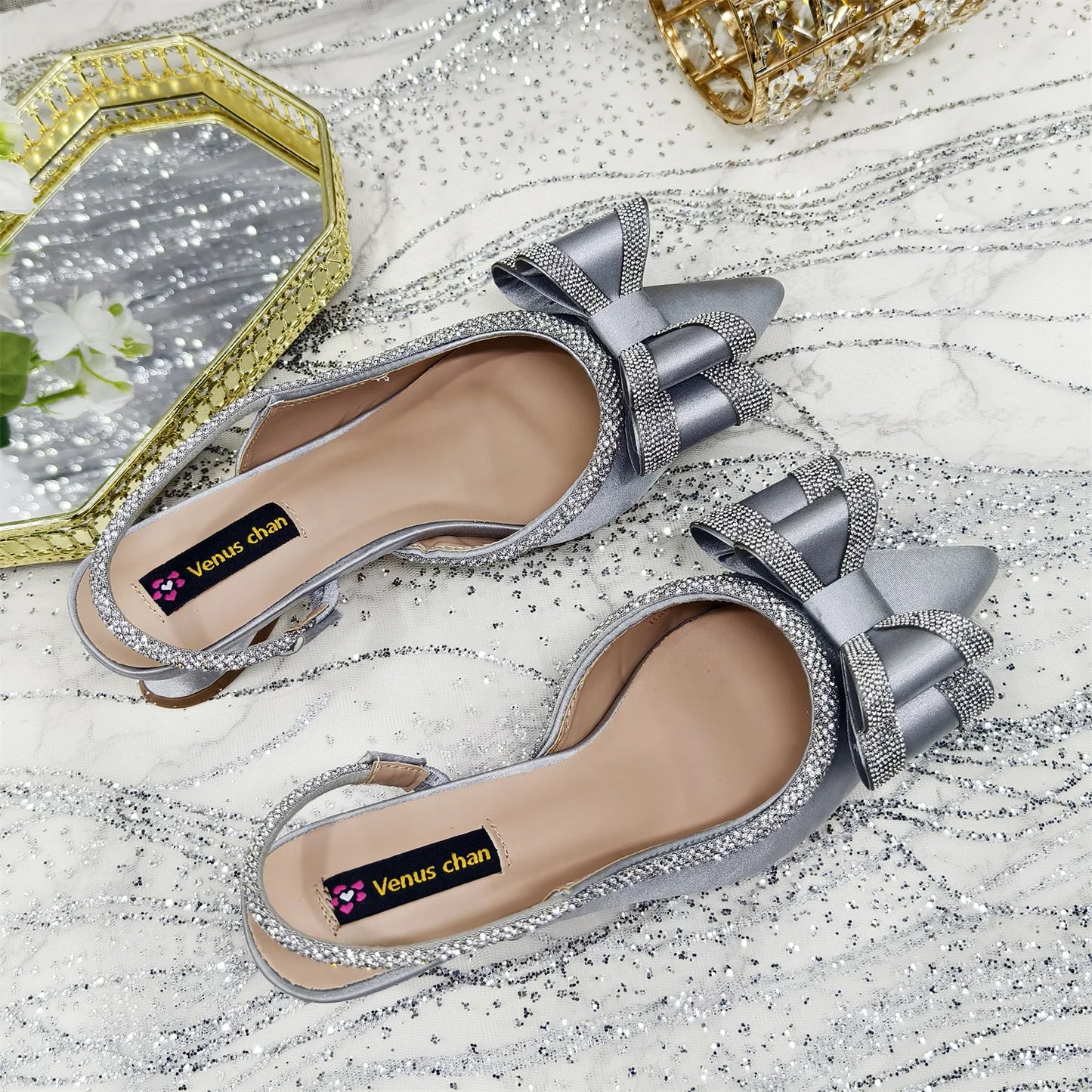 Venus Chan Italy Design 2025 New INS Shoes and Bag to Match Wine Colour Pointed-Toe Rhinestone Bow Party Women's High Heels