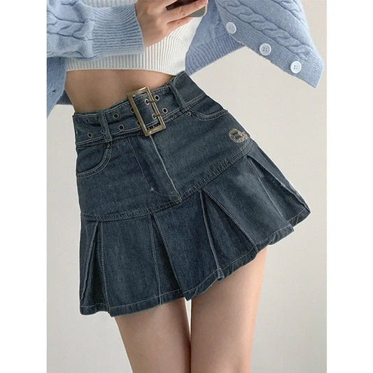 High Waist Denim Mini Skirt for Women Summer American Style Retro Pleated A- Line Short Skirt Trendy Cotton Denim Skirts
