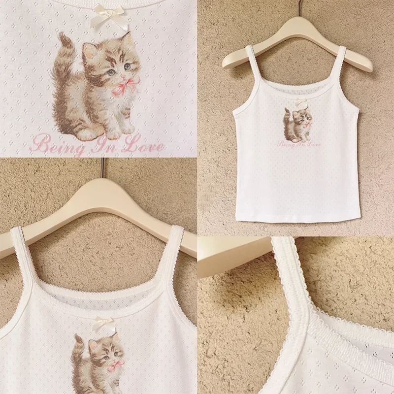 Cute Tops Women Summer Cotton Camis Pink Bow Print Knitted Crop Top for Sweet Girl Lolita Style Kawaii Clothes