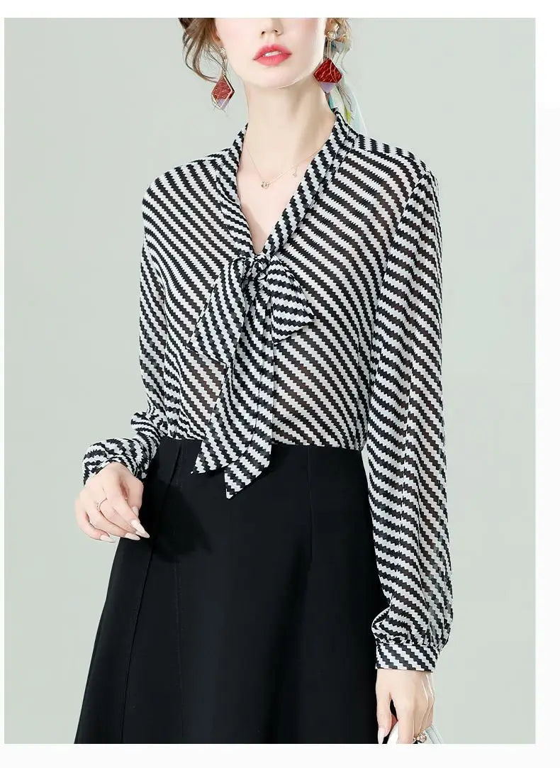 Spring Summer Women Chiffon Shirt Stripe Loose Long Sleeve Bow Office Fashion Urban Cardigan Elegant Women's Blouses 2022 5XL