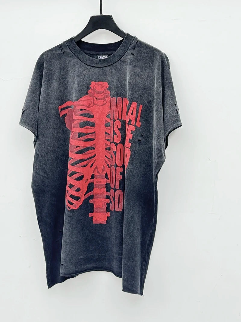 Half Red Skeletons Bone Print Box Tee Hole Damaged Tank Tops T-shirt Men Women Classic Text Graphic Short Sleeve T Shirt Clothes