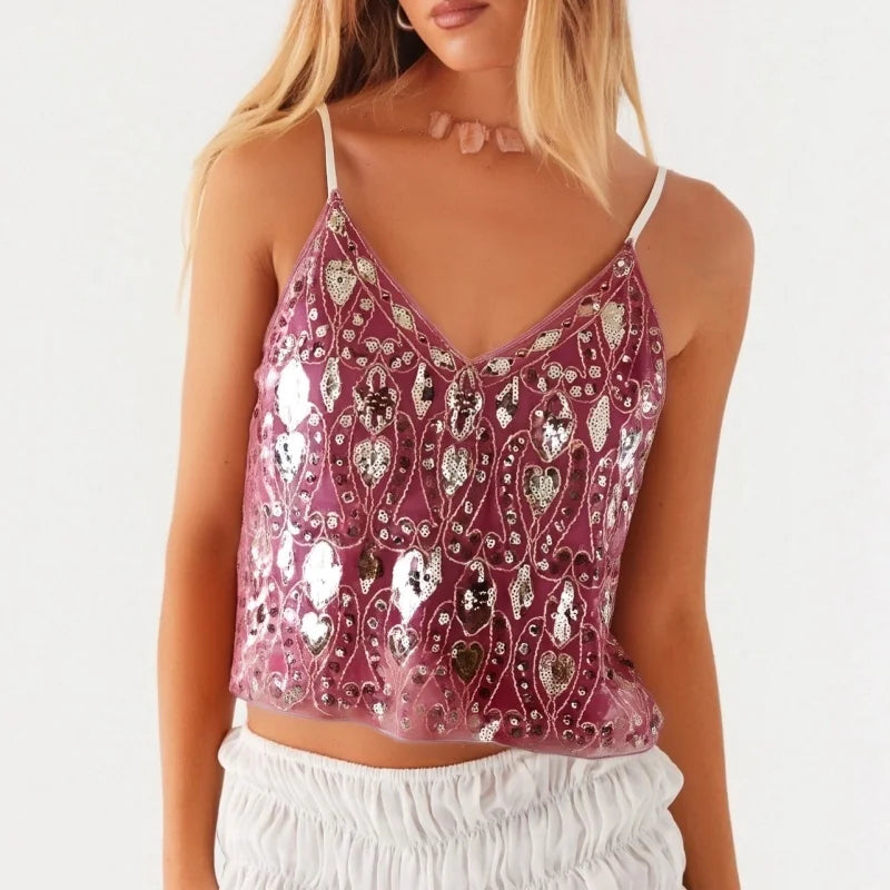 Y2k Sequined Crop Tops Women Sexy Bead Work Mesh Tops Women Pink Sparkle Tanks Tops Femme Party Clubwear