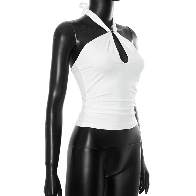 CUTENOVA Women'S Solid Color Hanging Neck Tie Hollow Out Metal Ring Strapless Backless Tank Top Summer New Fashion Street Tank