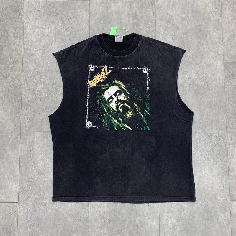 Vintage Washed Saint Sleeveless Tank T-shirts Oversize Men Woman Good Quality Black White Grey Hole Old Summer Streetwear