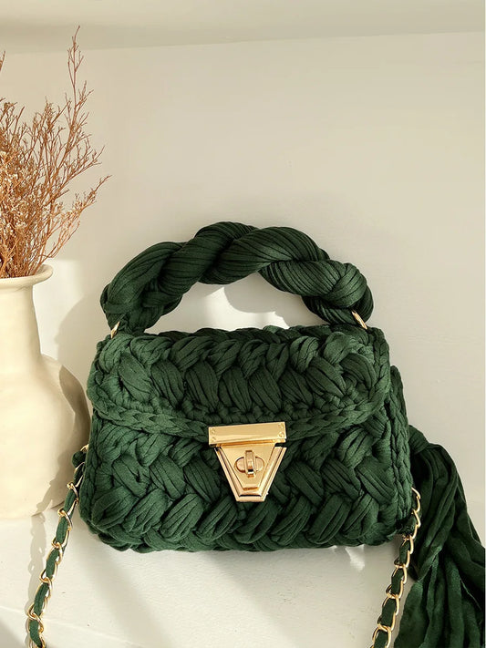 New Handmade Woven Women's Crossbody Bags Thread Hook Knitted Shoulder Bag Colorful Strip Chains Bags for Women Small Purses