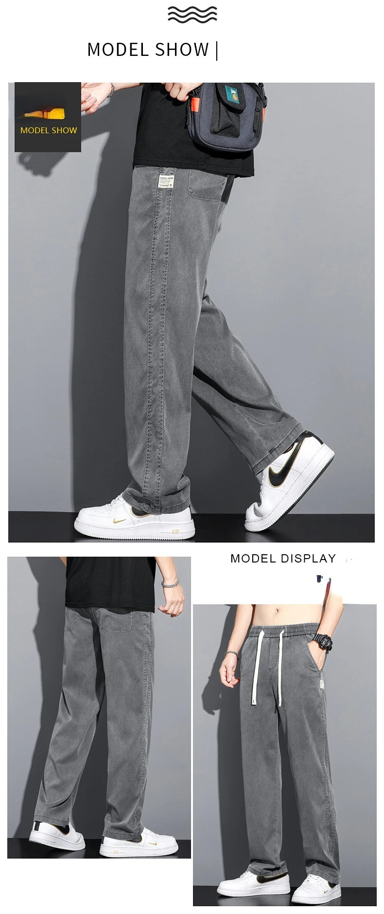 Summer Soft Lyocell Fabric Men's Jeans Thin Loose Straight Pants Drawstring Elastic Waist Korea Casual Trousers Plus Size