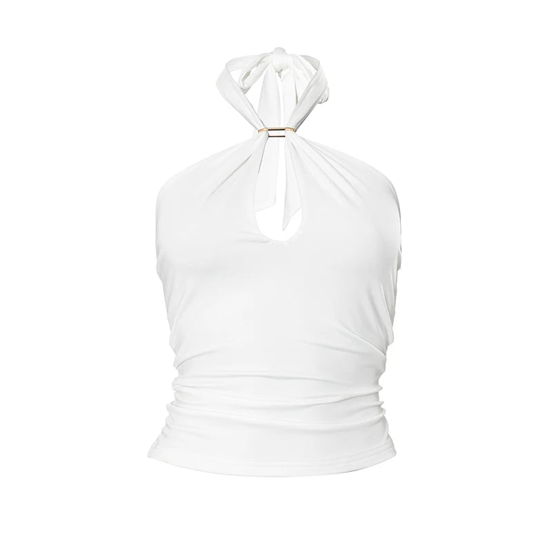 CUTENOVA Women'S Solid Color Hanging Neck Tie Hollow Out Metal Ring Strapless Backless Tank Top Summer New Fashion Street Tank