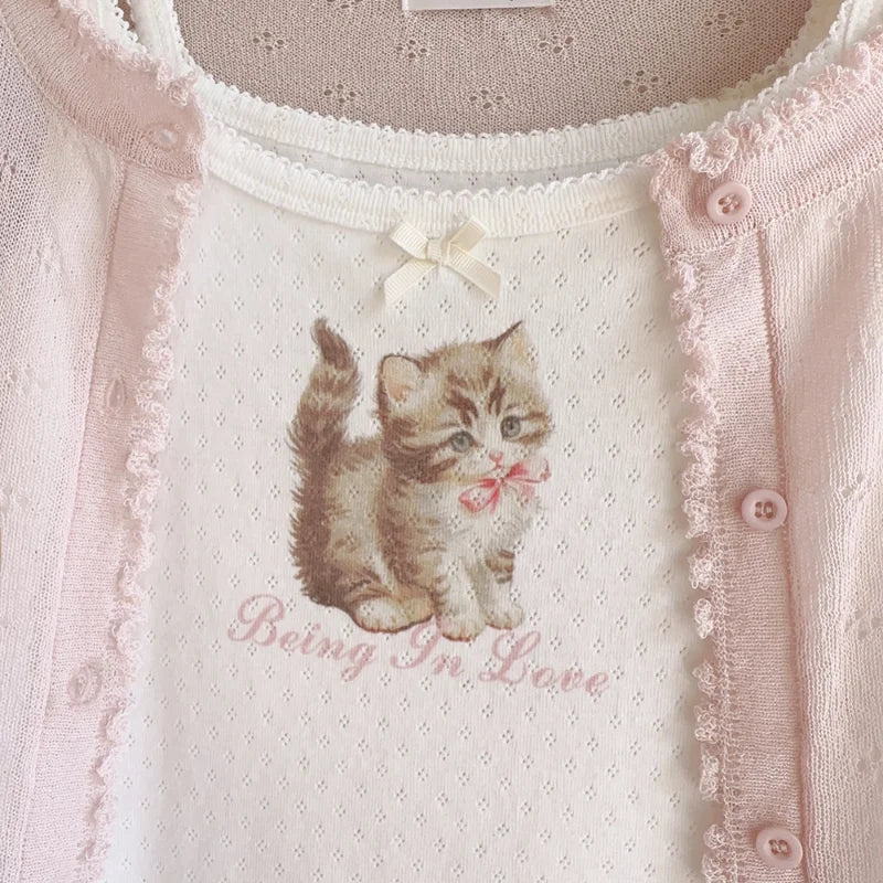 Cute Tops Women Summer Cotton Camis Pink Bow Print Knitted Crop Top for Sweet Girl Lolita Style Kawaii Clothes