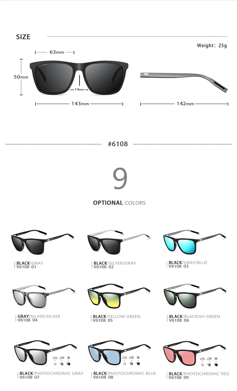 VEITHDIA marque lunettes de soleil unisexe rétro aluminium + TR90 lunettes de soleil polarisées lentille Vintage lunettes de soleil pour hommes/femmes 6108