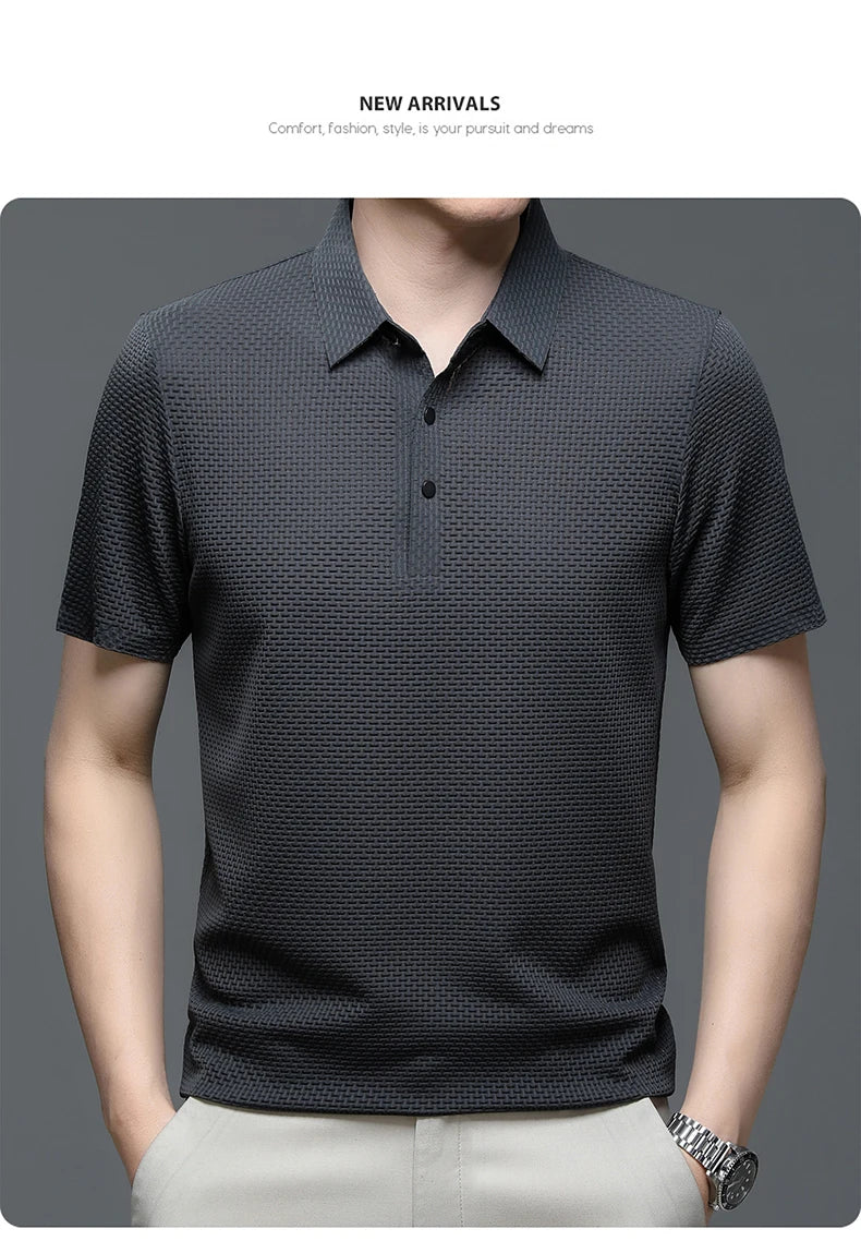 Summer New Men's Lop-up Hollow Short-sleeved Polo Shirt Ice Silk Breathable Business Fashion T-Shirt Male Brand Clothes