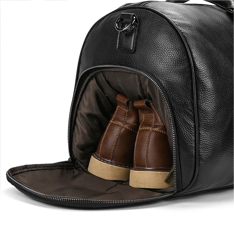 Sac de voyage en cuir véritable de grande capacité pour hommes et femmes, en cuir de vache noir souple, polochon de voyage décontracté, grand sac à bandoulière pour week-end
