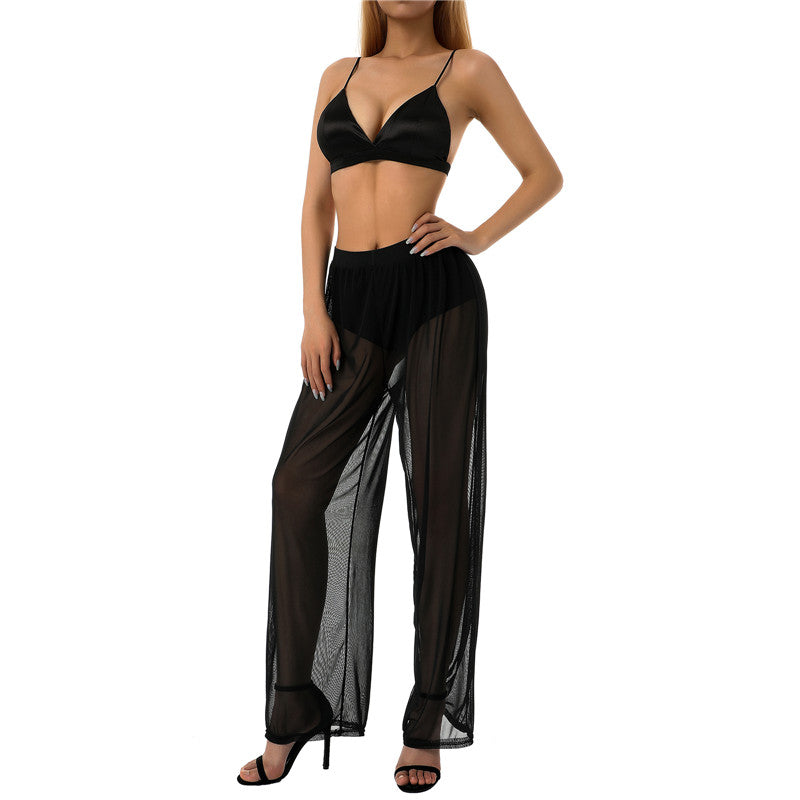 Women See Throug Mesh Cover up Pants Swimsuit Bikini Bottom Cover up Elastic Waist Loose Wide Leg Long Palazzo Pants Trousers