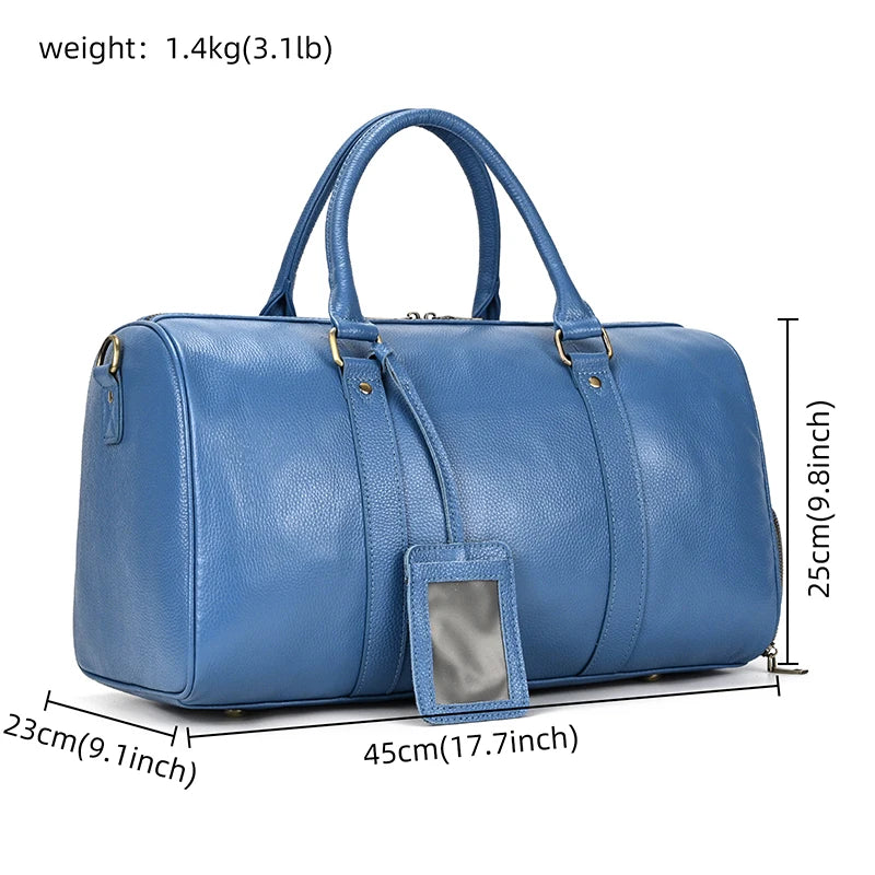 Sac de voyage en cuir véritable de grande capacité pour hommes et femmes, en cuir de vache noir souple, polochon de voyage décontracté, grand sac à bandoulière pour week-end