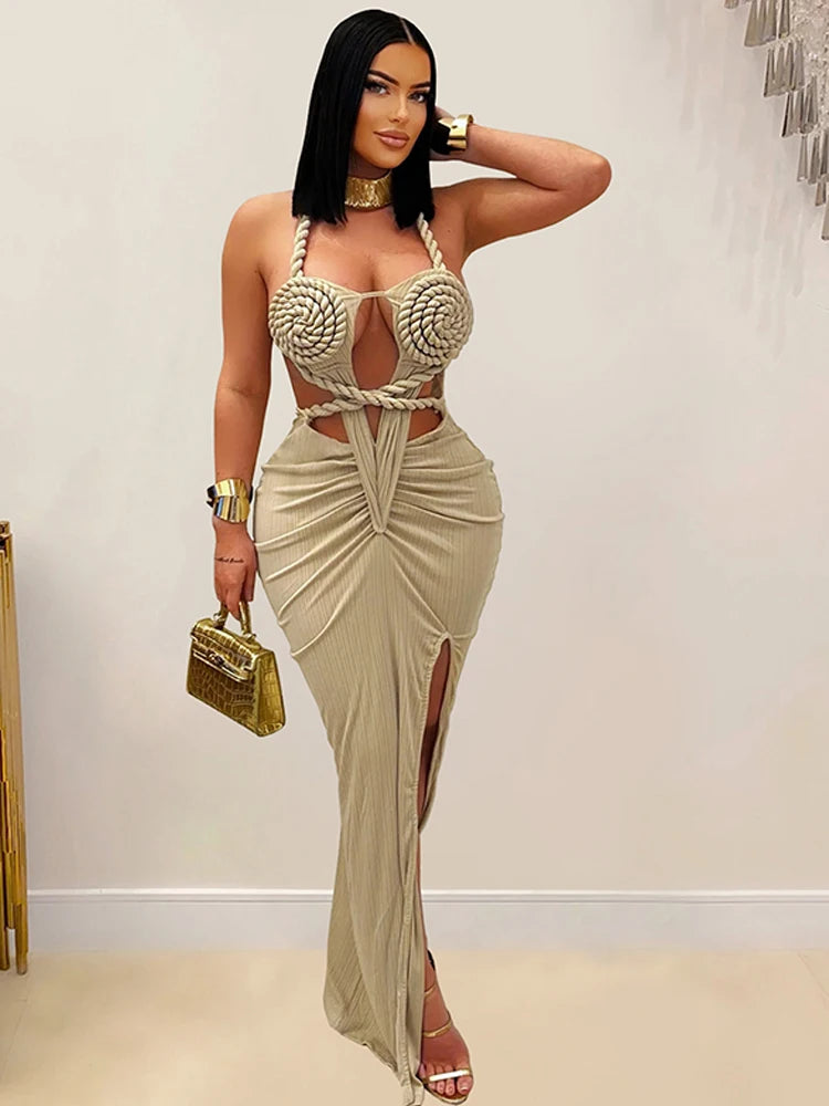 Bonnie Forest Gorgeous Cut-Out Ruched Bandage Long Dress For Women Chic Summer Halter Neck High Slit Party Dresses Beach Vestido