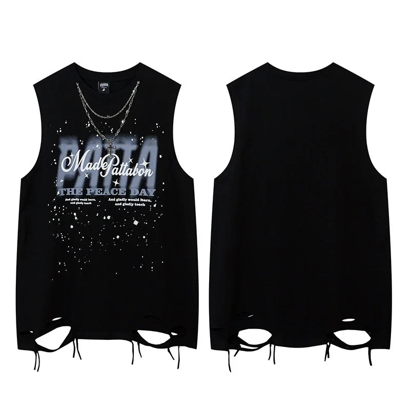 Hip Hop Tank Tops Men's Vintage Letter Graphic Sleeveless T-Shirt Streetwear Hole Harajuku Dancing Breathable Tops with Necklace