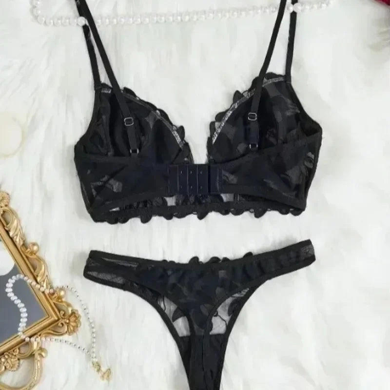 Fairy Lingerie Floral Valentine Charming Brief Panty Underwear Sexy Nighty Fancy V Underwear Brief Set for Lady  See Through Bra