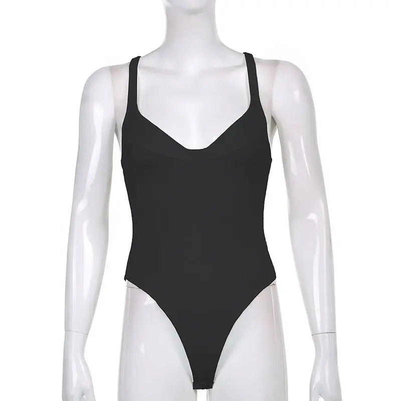Sexy American Retro Sleeveless White Women's Bodysuits Fashion Basic Slim Outfits Chic Bodycon Jumpsuit Y2K Body Tops Summer