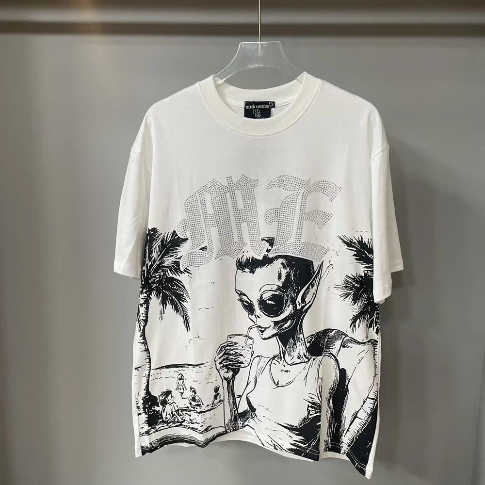 Summer Letter Rhinestone Short Sleeve Tshirts for Men White Streetwear Cotton Loose Crew Neck Top Tees Oversized Unisex Tshirt