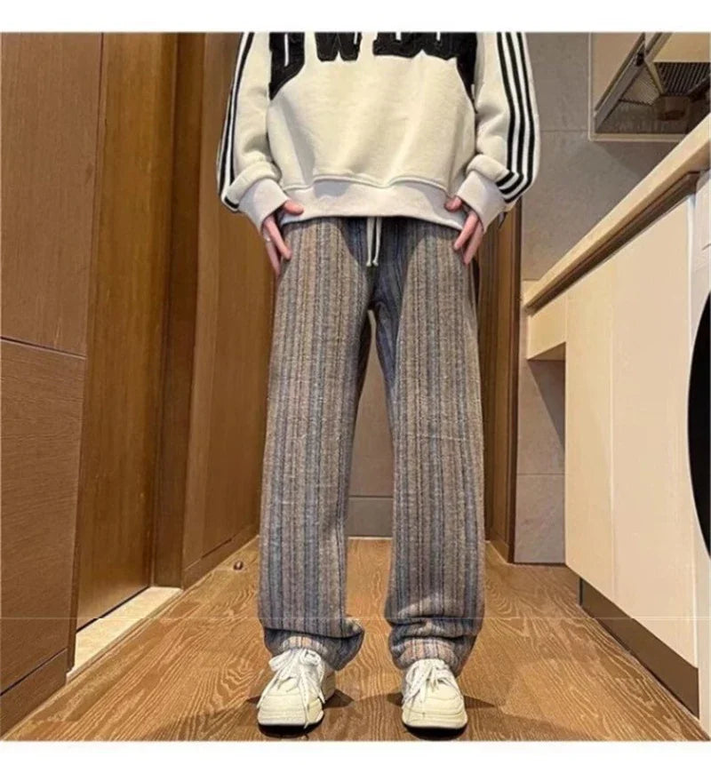 2025 New Men's Striped Woolen Straight Leg Trousers Classic Y2K Vintage Baggy Pants Casual High Street Fashion Gym Sweatpants