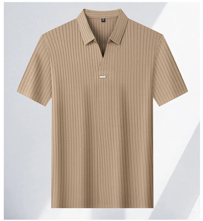 High quality personality texture stripe short sleeve polo shirt summer ice silk breathable buttonless men's solid color T-shirt