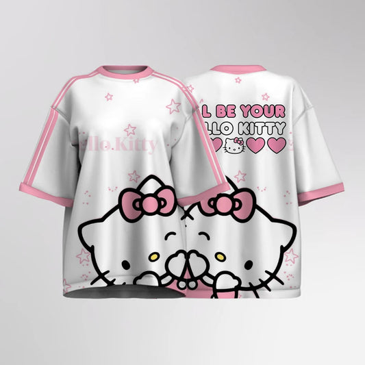 Hello Kitty Printed Women's Knitted T-shirt Letter Printed T-shirt O-neck Mesh Short Sleeve 2025 Y2k Summer Casual Top Clothing