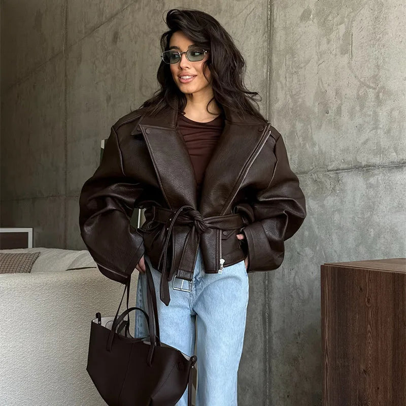 PU Leather Jacket For Women Zipper Turn-down Collar Loose Fashion Coat Luxury Brown 2025 Spring Street Motorcycle Overcoat Top