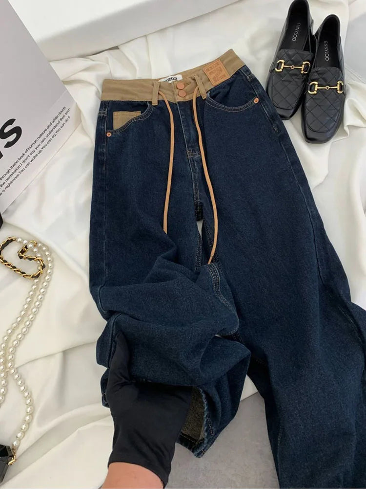Korean Design Drawstring Baggy Straight Jeans Women Vintage Casual High Waist Wide Leg  Denim Pants Streetwear Loose Vaqueros