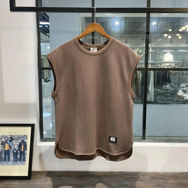 Trendy summer new waffle loose sports vest fitness sleeveless casual men's training solid color crew neck top