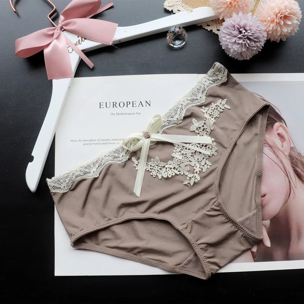 SP&CITY Flower Embroidery Ice Silk Bow Sexy Women's Underwear Low Waist Traceless Breathable Summer Thin Panties Seamless Briefs