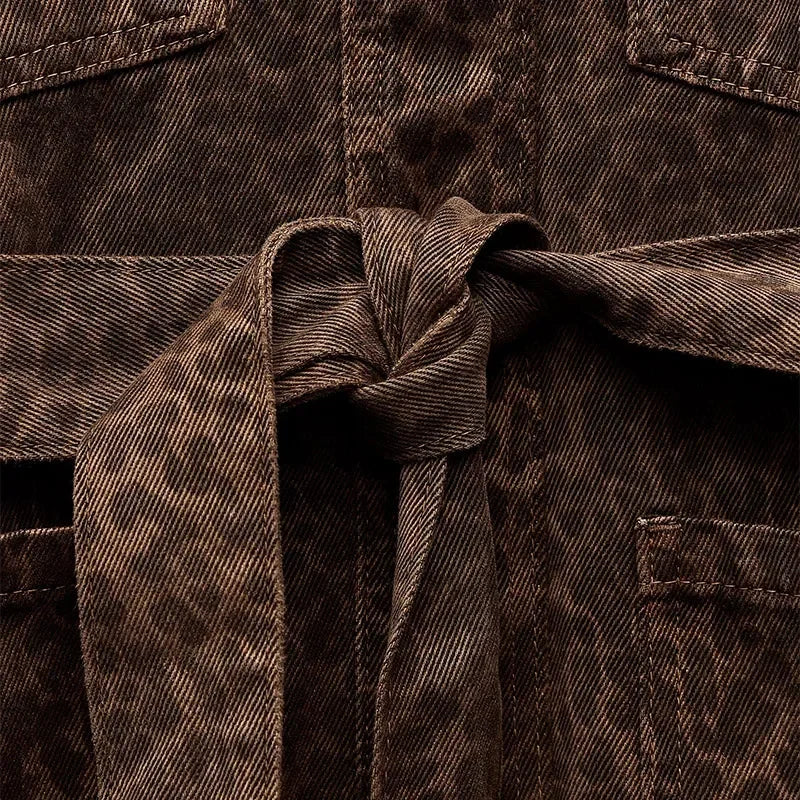 Leopard Printed Denim Single Breasted Belt Women's Coat Fashion Lapel Long Sleeve Short Jacket Fall New Lady Highstreet Outwear